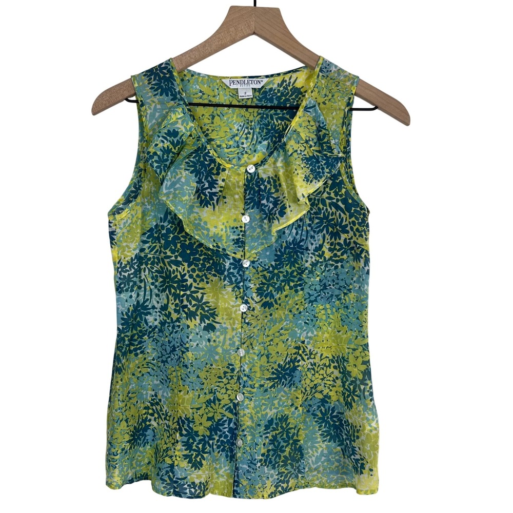 Pendleton Petite Yellow Teal Floral Silk Cotton Ruffle Sleeveless Blouse 2 PL283